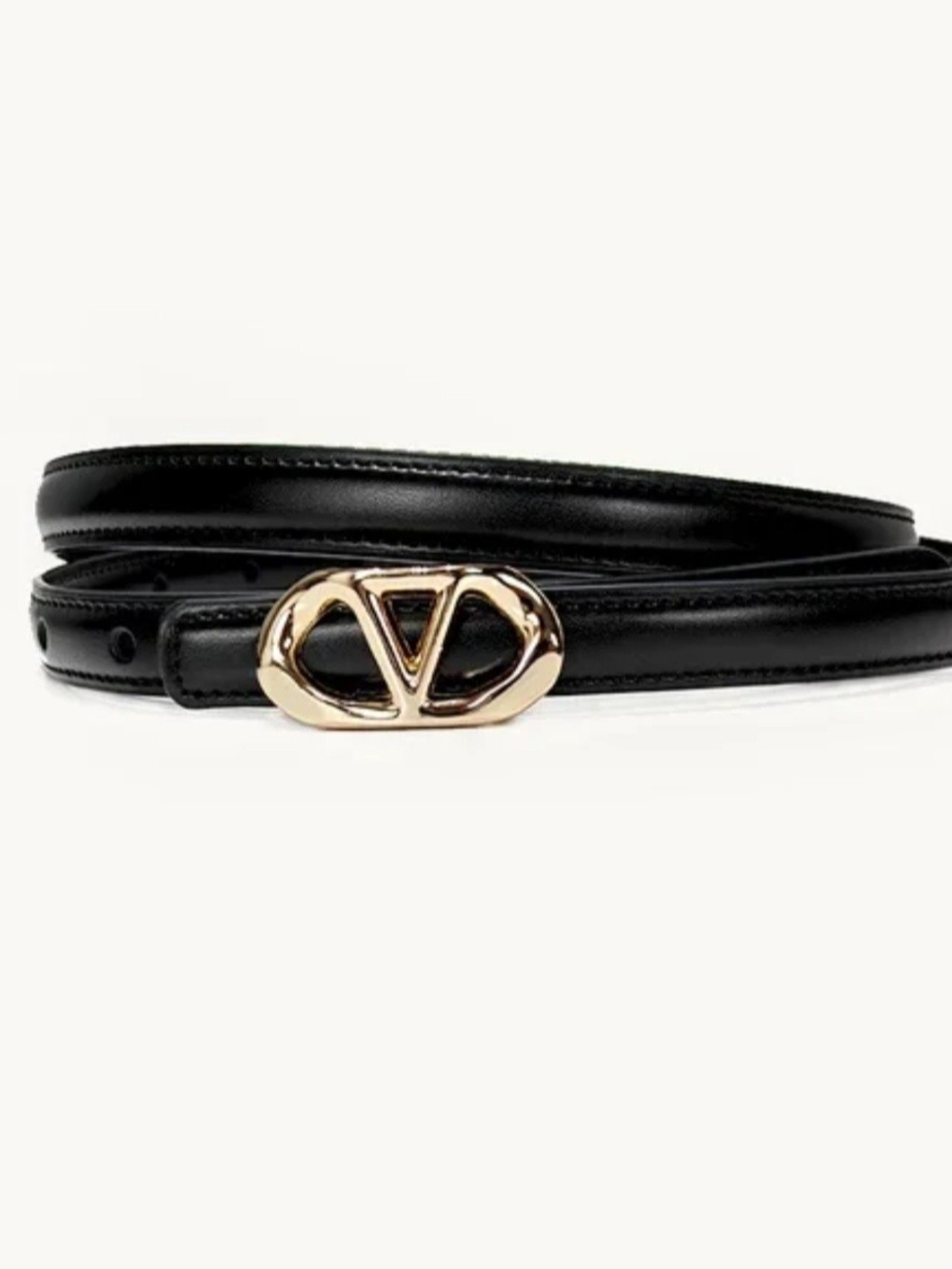 Black Leather Belt with Gold V-Emblem Buckle